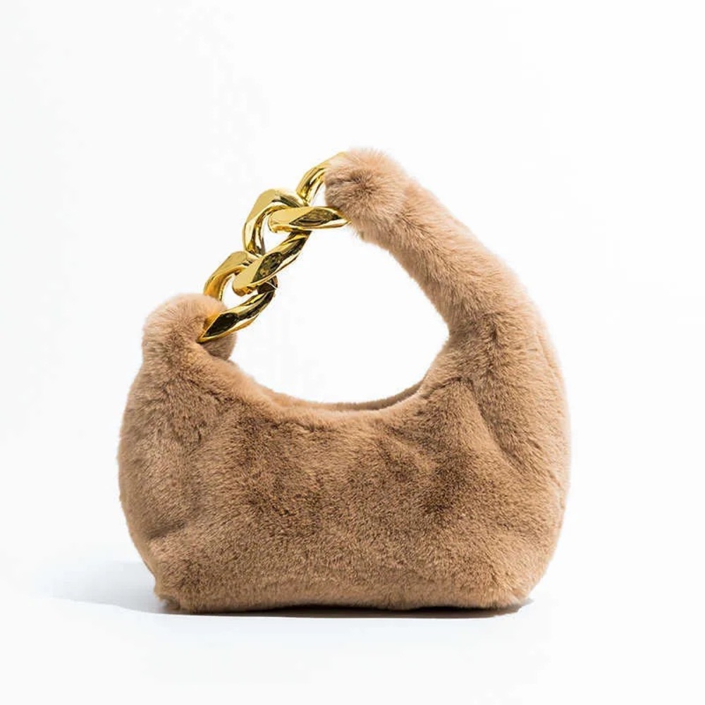 Elegant Tan Faux Fur Handbag with Gold Chain